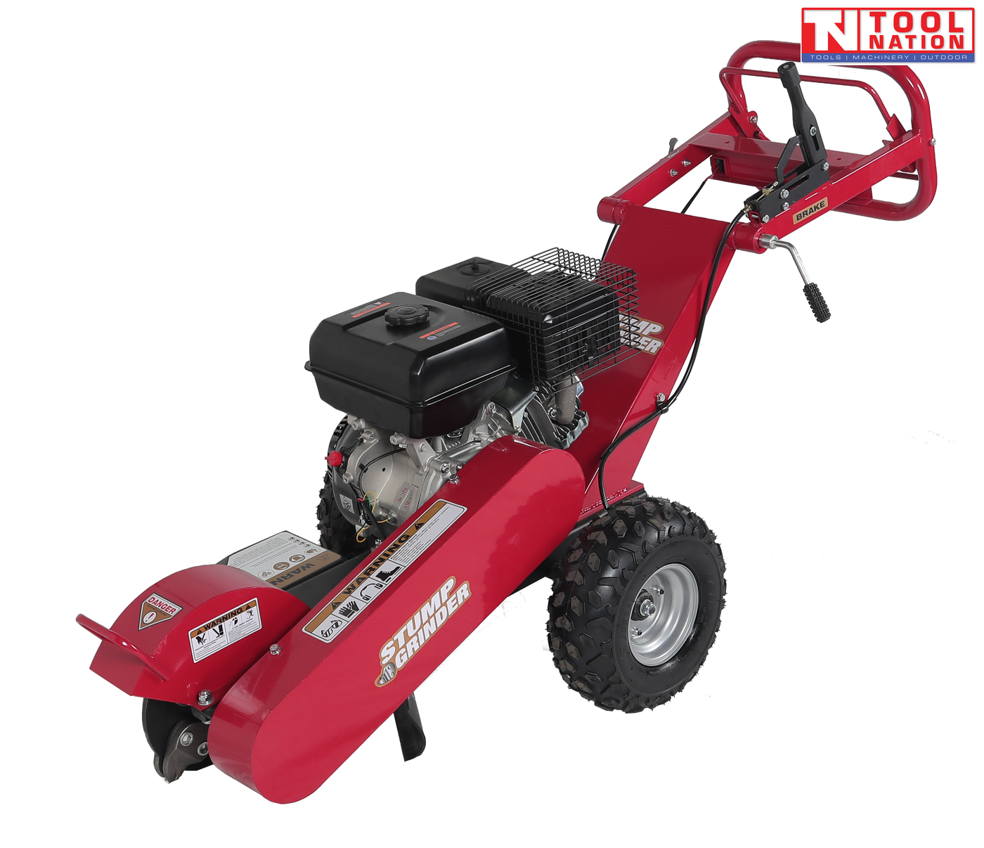 Red stump grinder shown at an angle with a black engine, cutting wheel housing, handlebar, brake lever, two treaded tyres and Tool Nation logo.