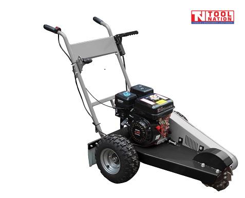 Grey and black stump grinder shown at an angle with a black engine, handlebar, cutting wheel housing, two treaded tyres and Tool Nation logo.