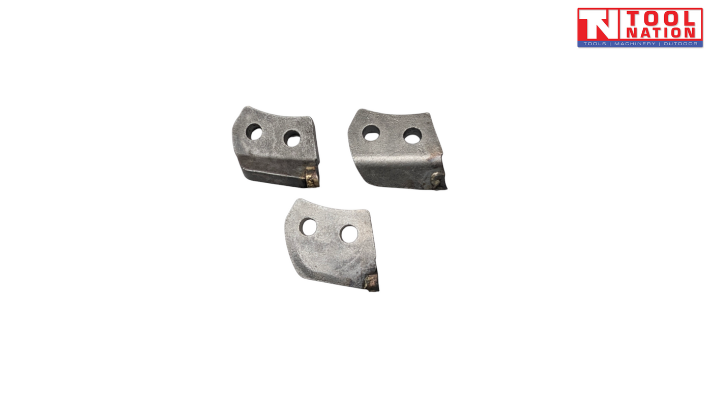 Three tungsten metal cutter teeth with two mounting holes each and dark cutting tips on a white background.