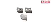 Three tungsten metal cutter teeth with two mounting holes each and dark cutting tips on a white background.