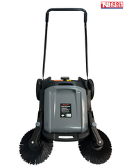 Front view of a grey and black manual sweeper with two round side brushes, rear wheels, grey top cover and upright handle.