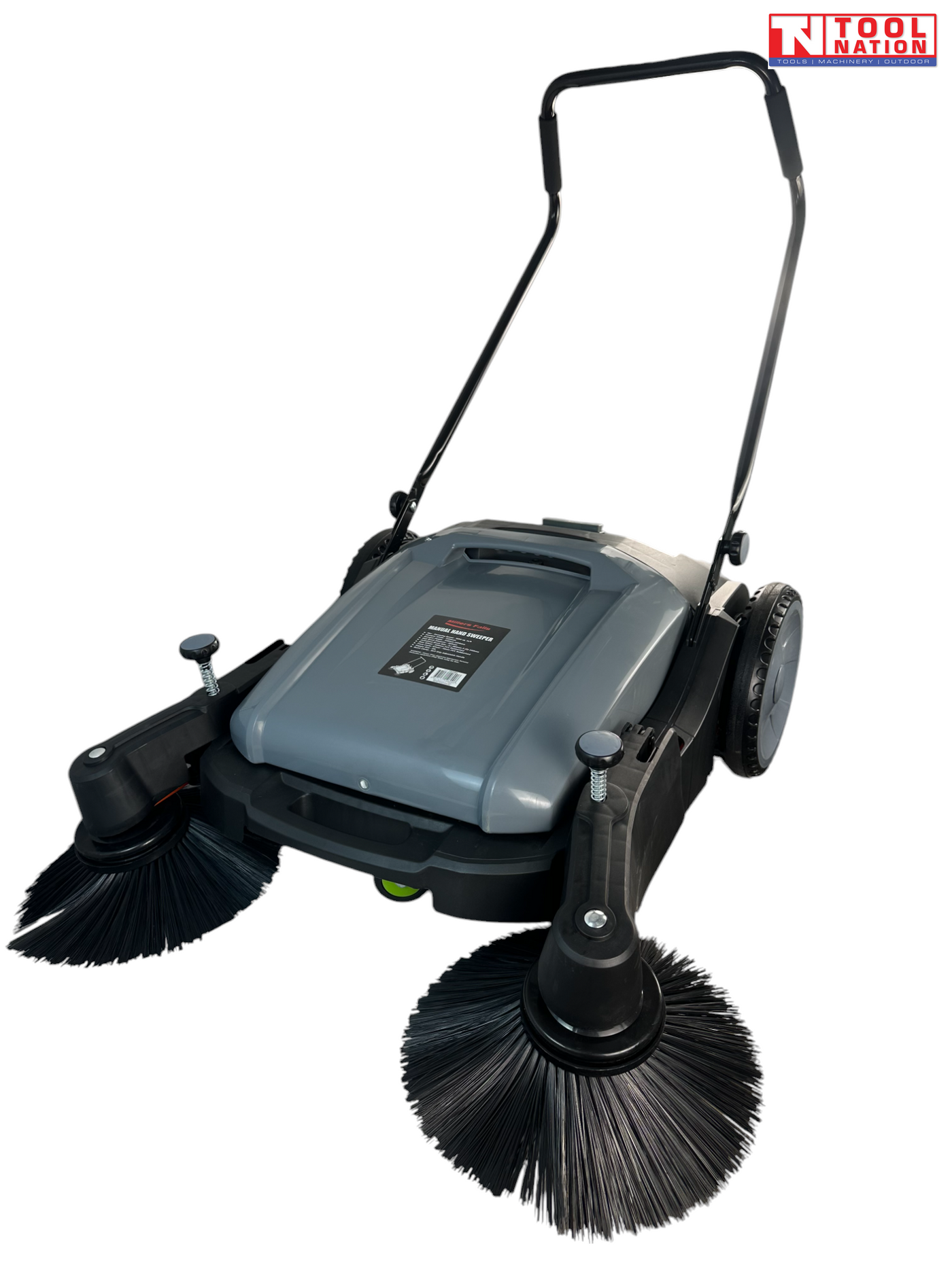 Grey and black manual sweeper shown at an angle with two round side brushes, rear wheels, upright handle and Tool Nation logo.