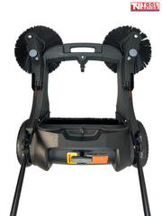 Underside rear view of a grey and black manual sweeper showing two round side brushes, central brush roller, wheels and handle rods.