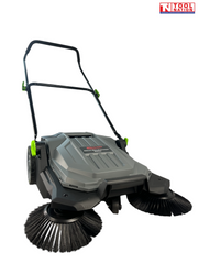 Grey and black manual sweeper shown at an angle with two round side brushes, rear wheels, upright handle and Tool Nation logo.