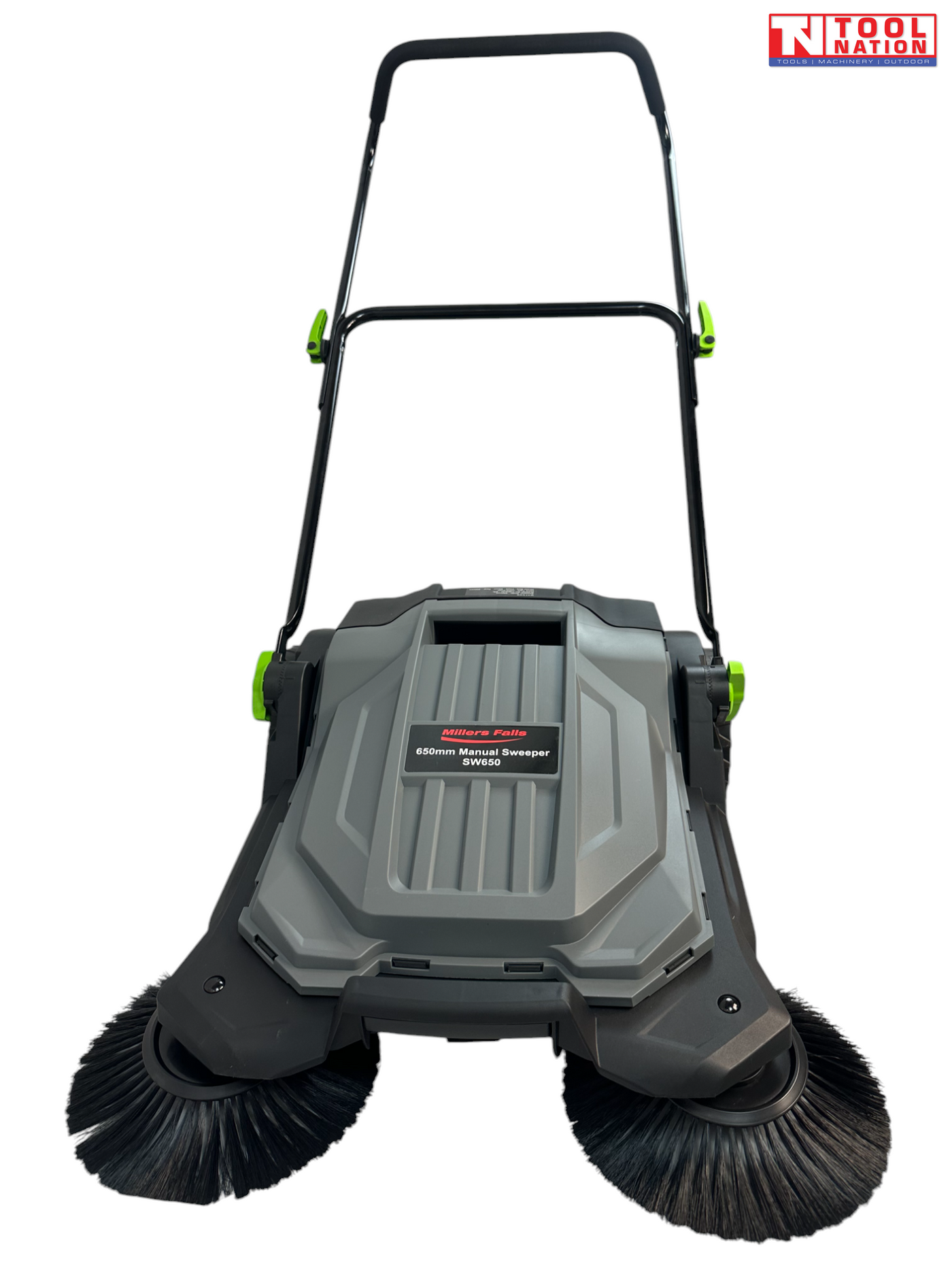 Front view of a grey and black manual sweeper with two round side brushes, rear wheels, upright handle and Tool Nation logo.
