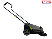 Side view of a grey and black manual sweeper with one round side brush, rear wheel, grey top cover and upright handle.
