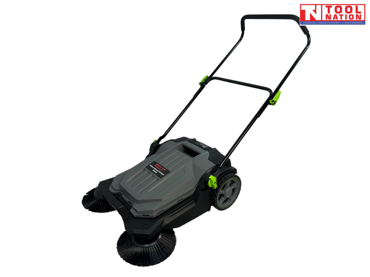 Grey and black manual sweeper shown from above with two round side brushes, rear wheels, grey top cover, upright handle and Tool Nation logo.