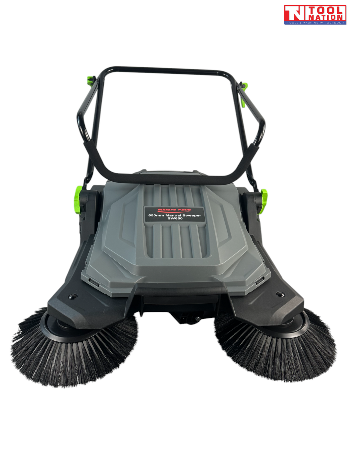 Front close-up of a grey and black manual sweeper with two round side brushes, grey top cover, upright handle and Tool Nation logo.