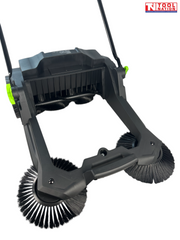 Underside view of a grey and black manual sweeper showing two round side brushes, central brush roller, wheels and handle rods.