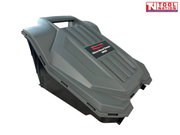 Grey removable collection bin for a manual sweeper shown at an angle with top label and handle opening.