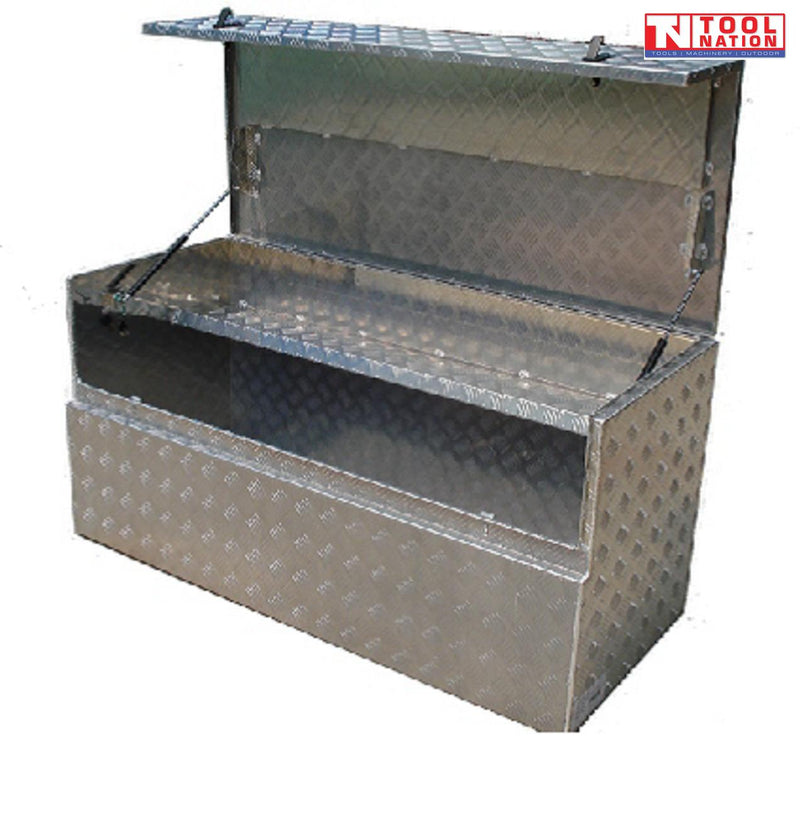 Front view of aluminium checker plate truck box with lid open