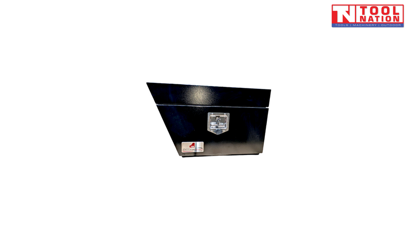 Front view of black steel side tool box with latch