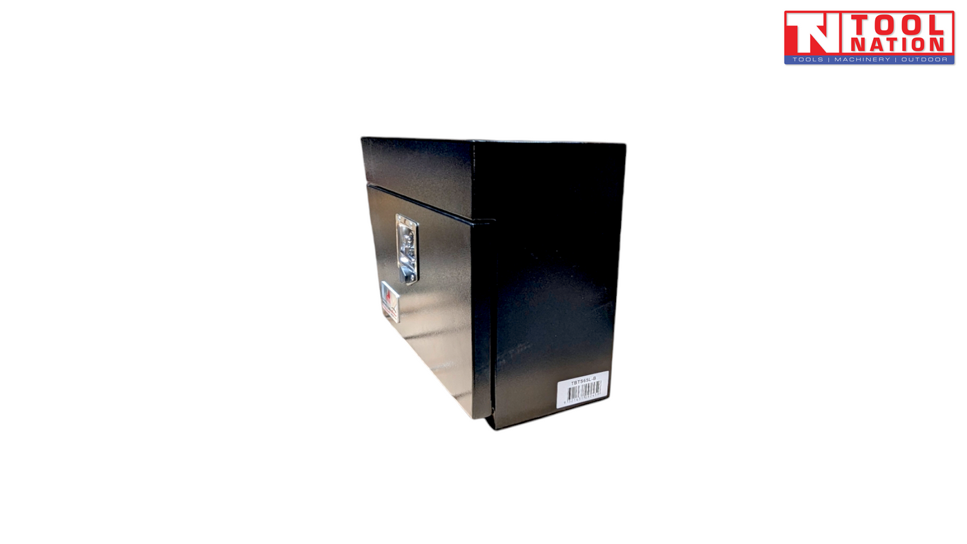 Side view of black steel side tool box with latch