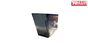 Angled front view of black steel side tool box with latch