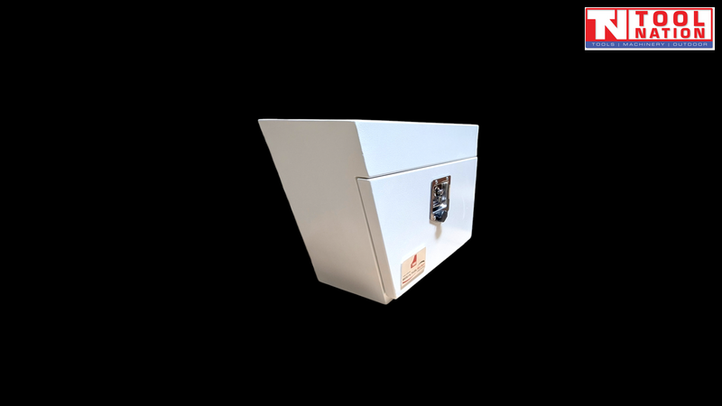 Angled front view of white steel side tool box with latch on black background