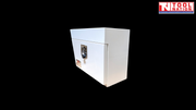 Angled side view of white steel side tool box with latch on black background