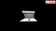 Front view of white steel side tool box with lid open on black background
