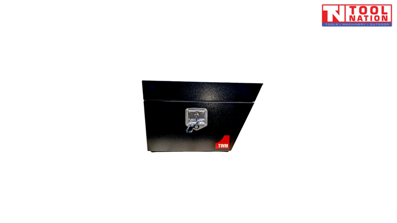 Front view of black steel side tool box with latch