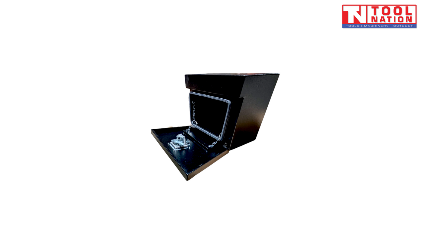 Angled view of black steel side tool box with lid open