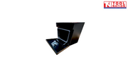 Angled view of black steel side tool box with lid open