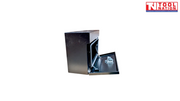Angled side view of black steel side tool box with lid open