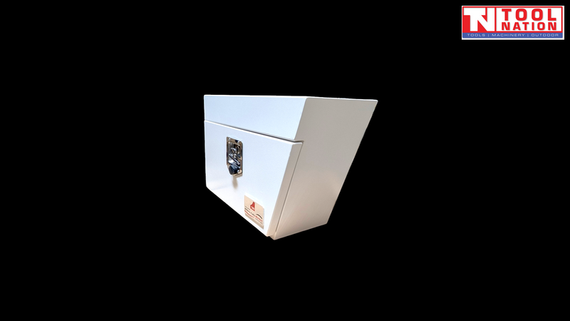 Angled front view of white steel side tool box with latch on black background