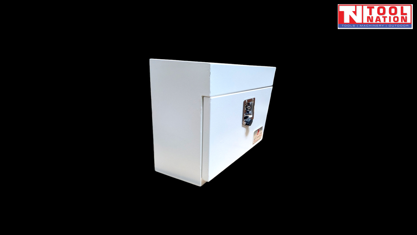 Angled side view of white steel side tool box with latch on black background