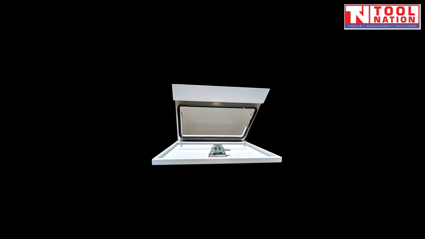Front view of white steel side tool box with lid open on black background