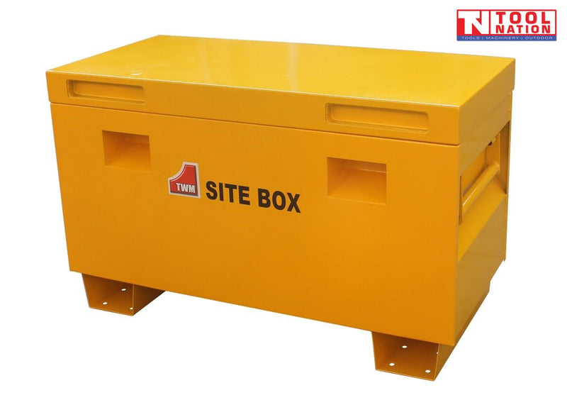 Angled front view of yellow site box with lid open