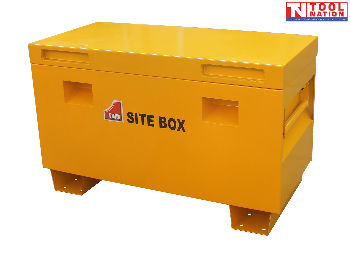 Angled front view of yellow site box with lid open