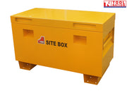 Angled front view of yellow site box with lid open