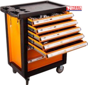 Heavy-duty 7-drawer mobile tool trolley with fully extended drawers and organized tool storage system