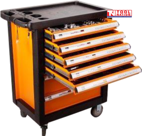 Heavy-duty 7-drawer mobile tool trolley with fully extended drawers and organized tool storage system