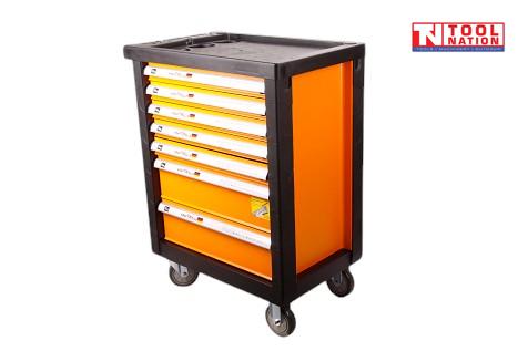 7-drawer rolling tool cabinet with foam tool sets and organized drawers for professional workshop use