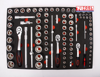 Complete socket and ratchet tool set in precision-cut foam insert for workshop tool chest organization
