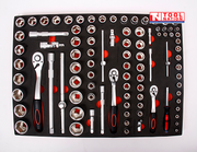 Complete socket and ratchet tool set in precision-cut foam insert for workshop tool chest organization