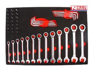 Combination spanner and hex key set in foam tray with metric wrenches neatly arranged for tool cabinet