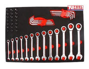 Combination spanner and hex key set in foam tray with metric wrenches neatly arranged for tool cabinet