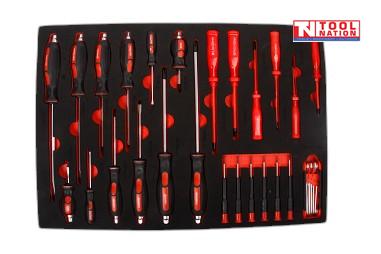 Screwdriver and precision tool set in foam insert with assorted drivers and bits for professional use