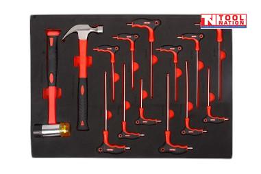 Hex key and hammer tool set in foam tray with L-key sets and soft grip hammer for workshop storage