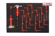Hex key and hammer tool set in foam tray with L-key sets and soft grip hammer for workshop storage