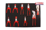 Pliers set in foam insert with long nose, side cutters, and locking pliers for tool trolley organization