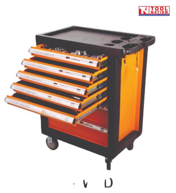 7-drawer rolling tool cabinet with foam tool sets and organized drawers for professional workshop use