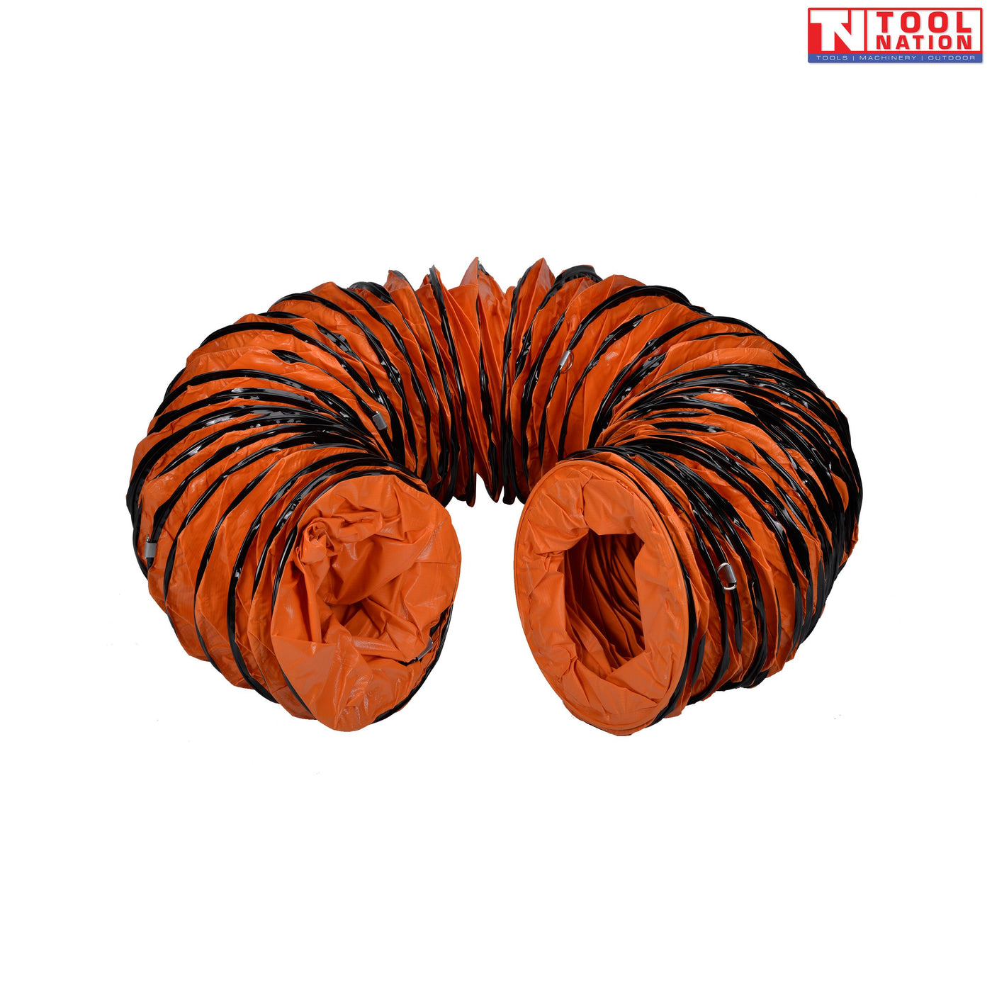 Curved orange flexible ventilation hose with black reinforcing rings and two open ends.