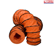 Coiled orange flexible ventilation hose with black reinforcing rings and circular opening.