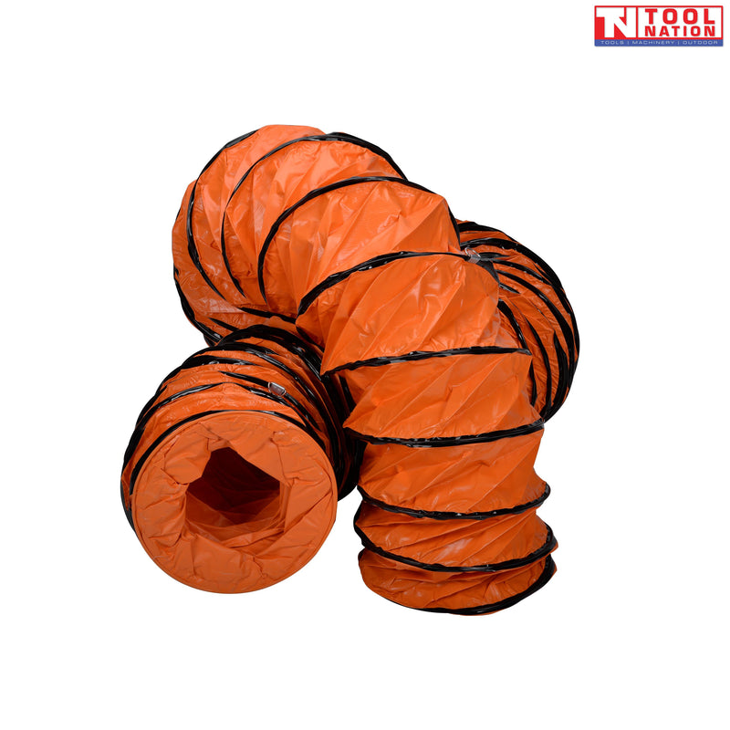 Coiled orange flexible ventilation hose with black reinforcing rings and circular opening.