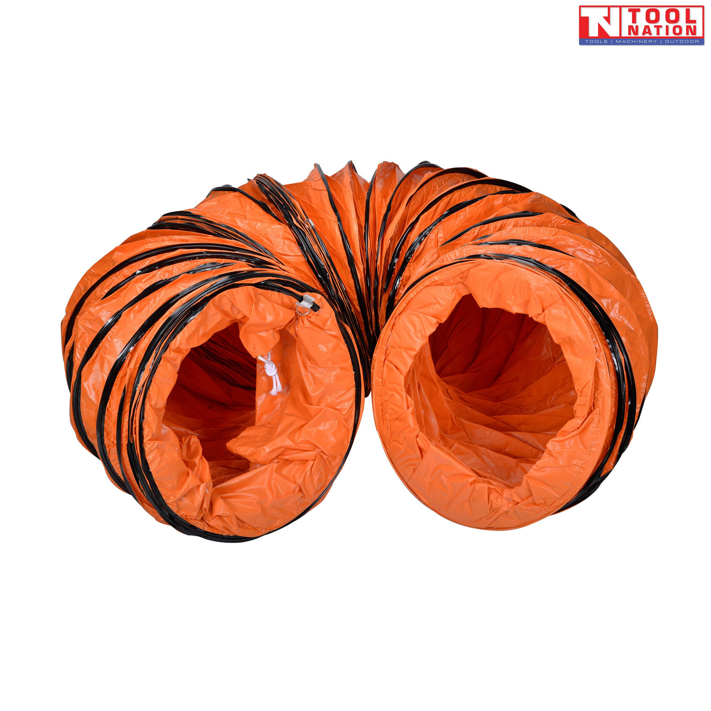 Close-up of orange ventilation hose material with black reinforcing ring and ribbed structure.