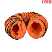 Close-up of orange ventilation hose material with black reinforcing ring and ribbed structure.