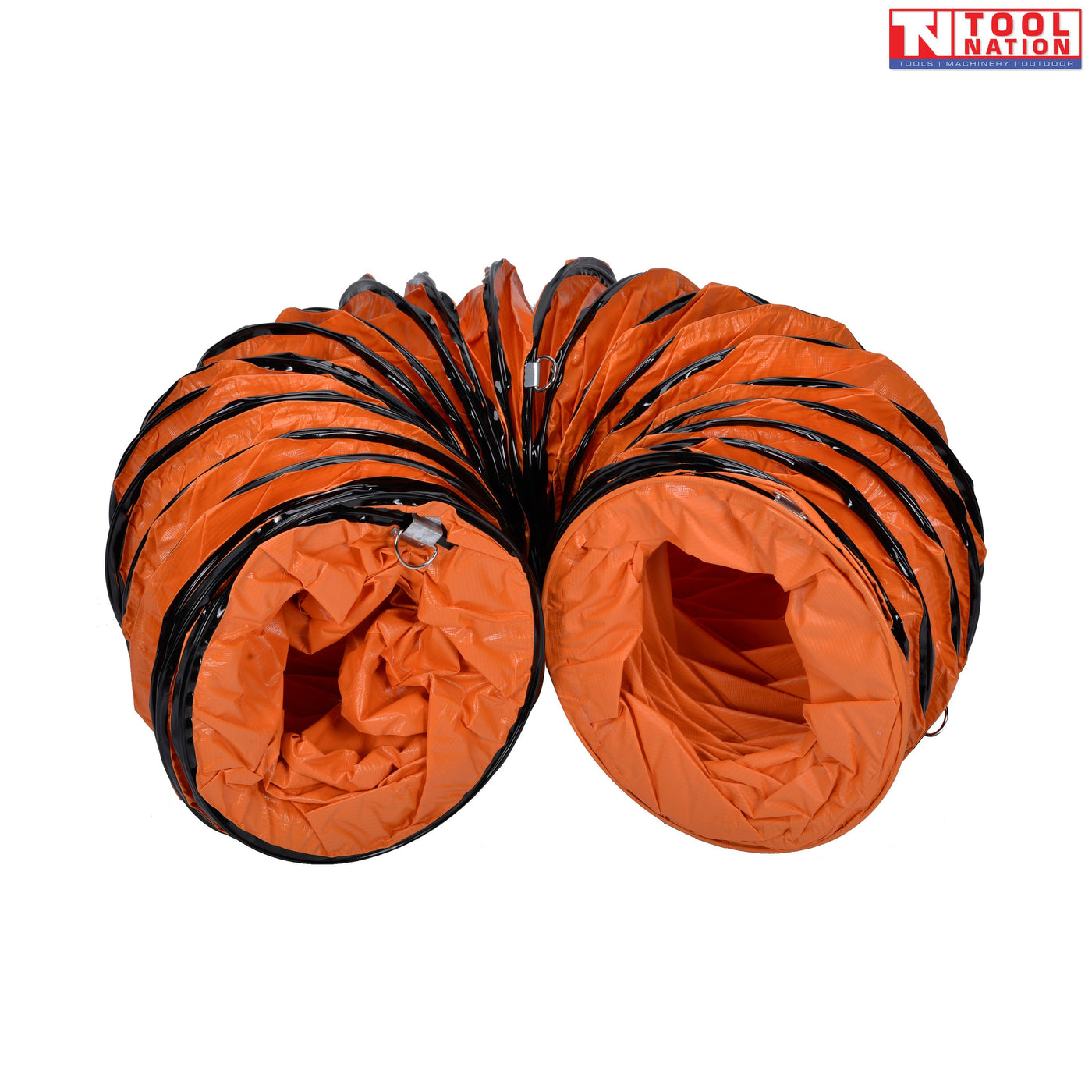 Curved orange flexible ventilation hose with black reinforcing rings and open ends.