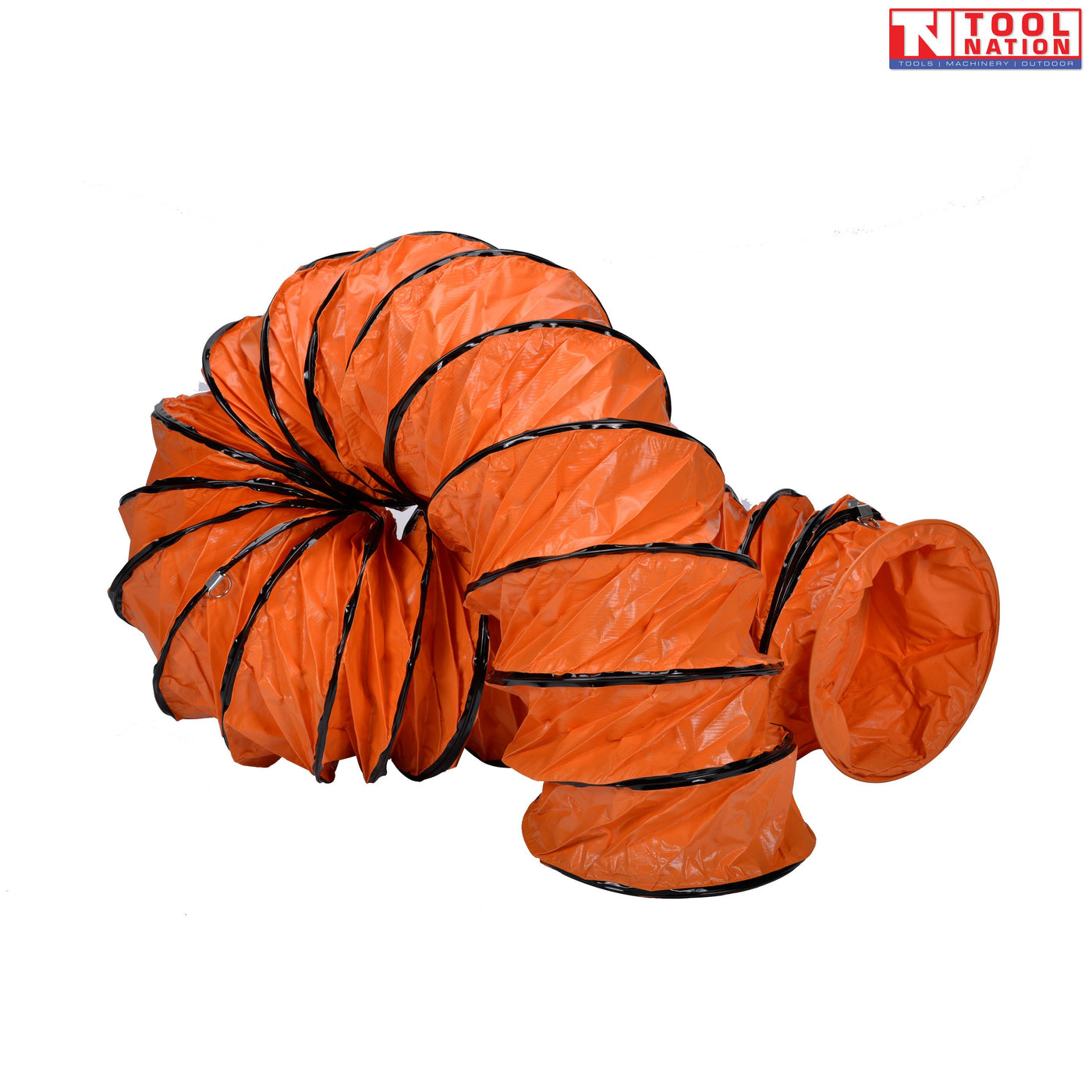 Curved orange flexible ventilation hose with black reinforcing rings and open ends.